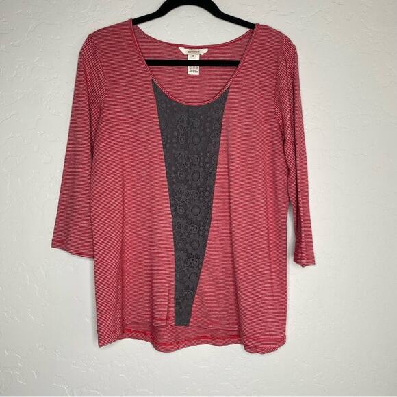 Sundance Red Striped Gray Crochet Detail 3/4 Sleeve Scoop Neck Top Medium - Picture 11 of 11